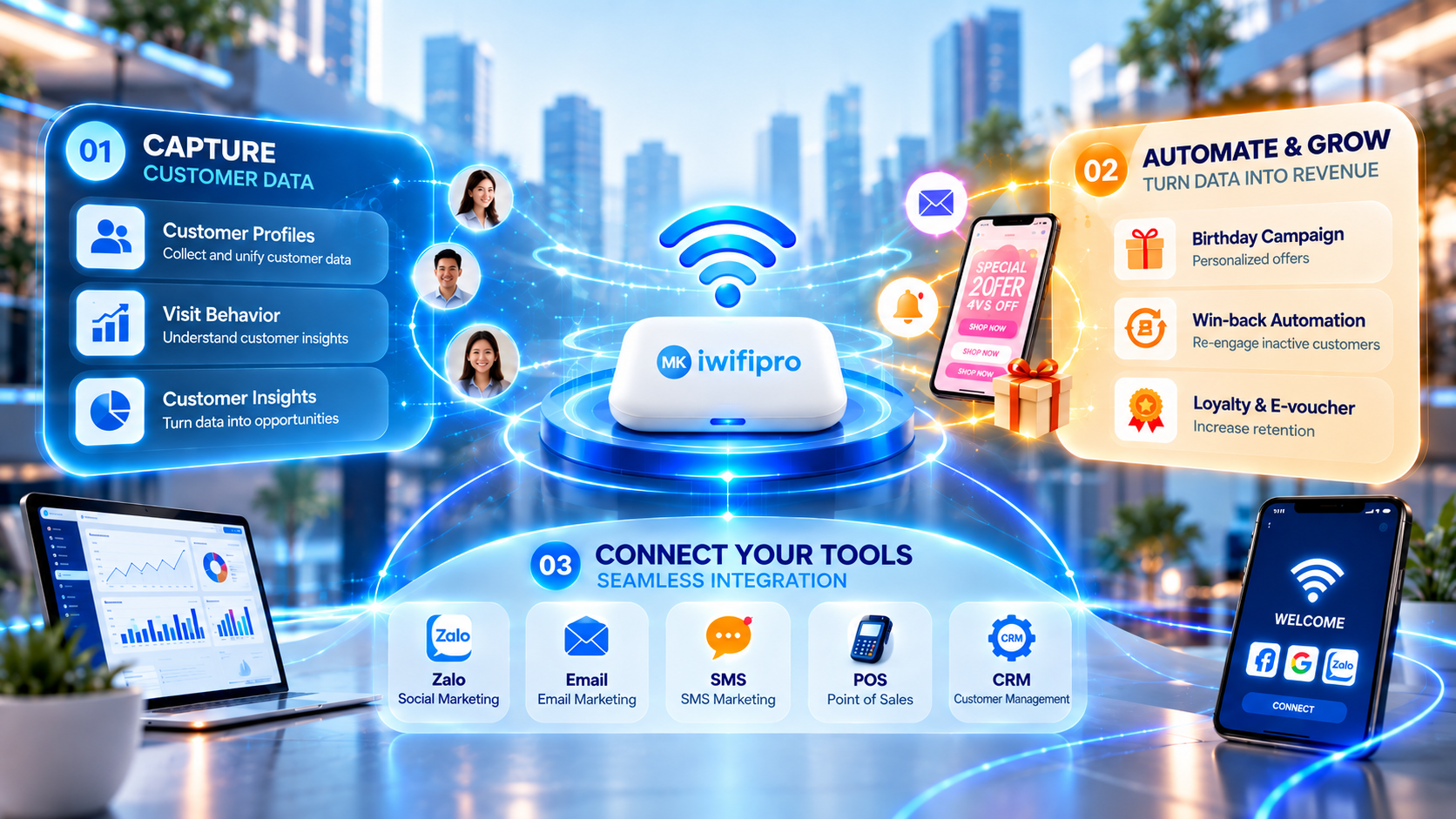 iWiFi Pro ecosystem: capture customer data, automate engagement and connect Zalo, Email, SMS, POS and CRM